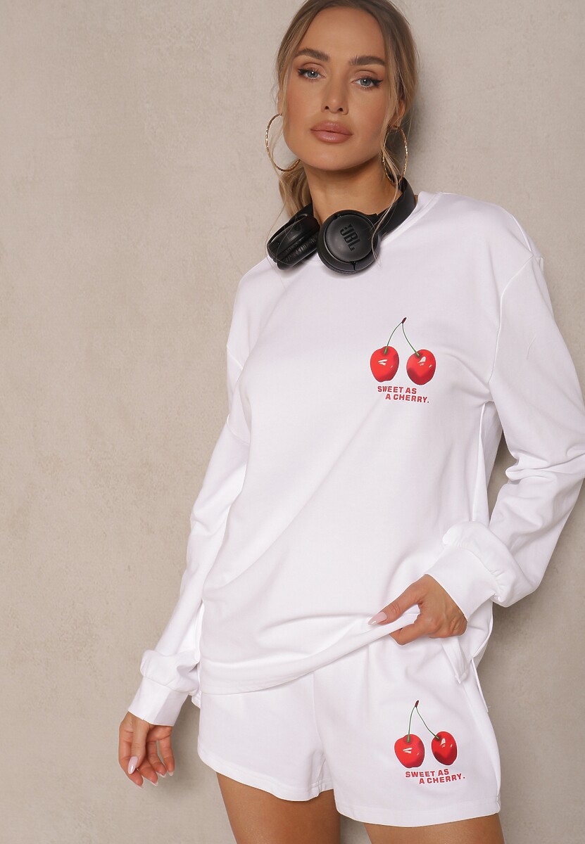 Białe Szorty z Bawełny High Waist Ozdobione Wiśnią Davivra