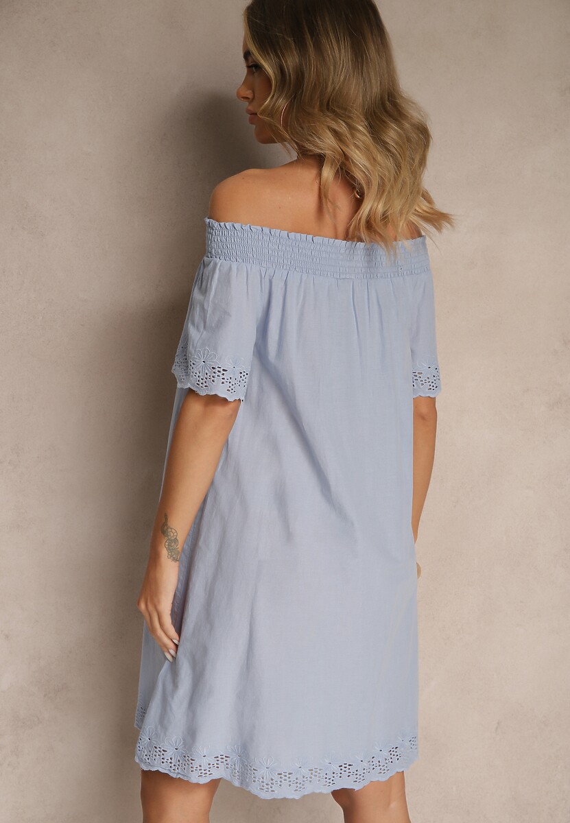 Jasnoniebieska Sukienka o Kroju Hiszpanki z Bawełny z Ażurowymi Zdobieniami Filviana