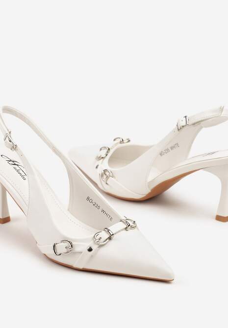 Białe Sandały Szpilki Typu Slingback Zdobione Sprzączkami Telinea