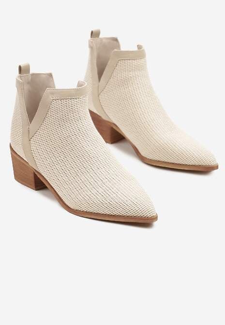 Beżowe Botki na Słupku Ozdobione Plecionką Farenia