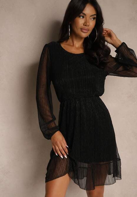 Czarna Rozkloszowana Wiskozowa Sukienka z Metaliczną Nicią Melanissa