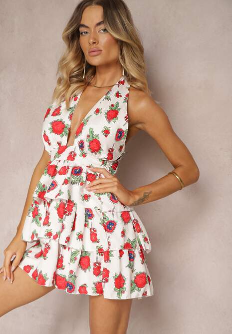 Biało-Czerwona Sukienka z Falbankami i Wiązaniem na Szyi w Kwiecisty Wzór Wirivia