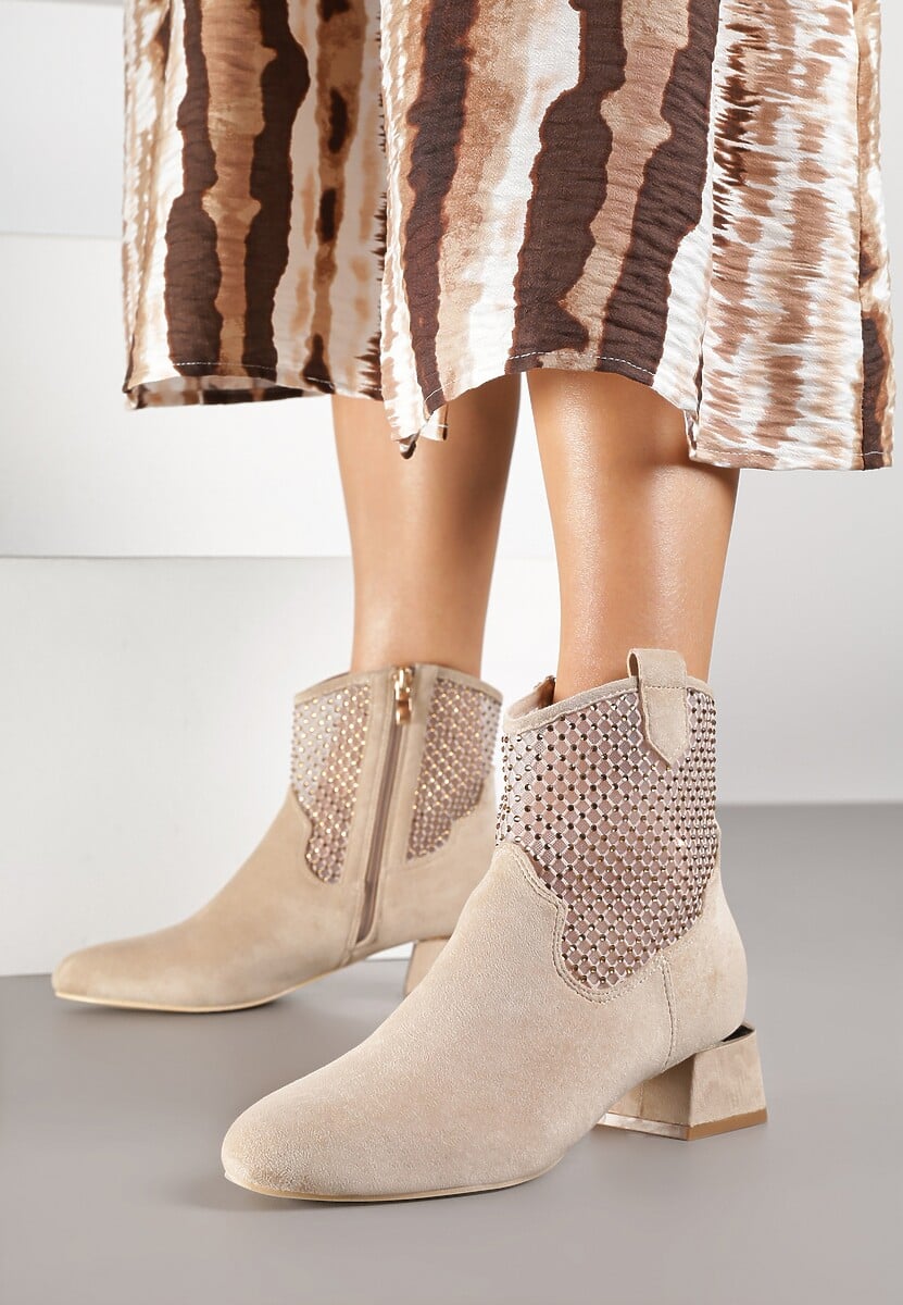 Beżowe Botki na Słupku Vices Ozdobione Siateczką na Cholewce Deovenna