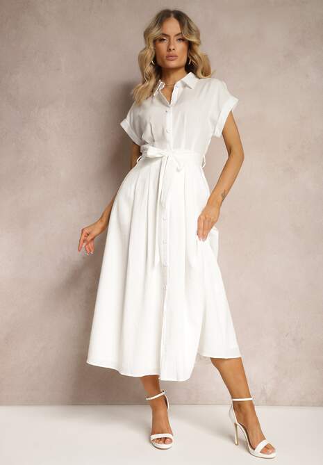 Biała Sukienka o Rozkloszowanym Kroju Zapinana na Guziki z Materiałowym Paskiem Moaril
