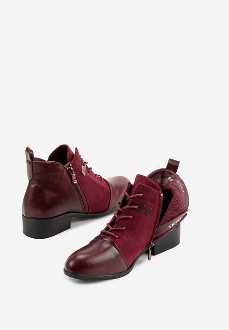 Bordowe Botki Vices ze Sznurowaną Cholewką i Wstawkami z Imitacji Zamszu Atavitte