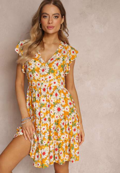 Żółta Taliowana Sukienka Mini w Kwiaty z Gumką w Talii Teziovi