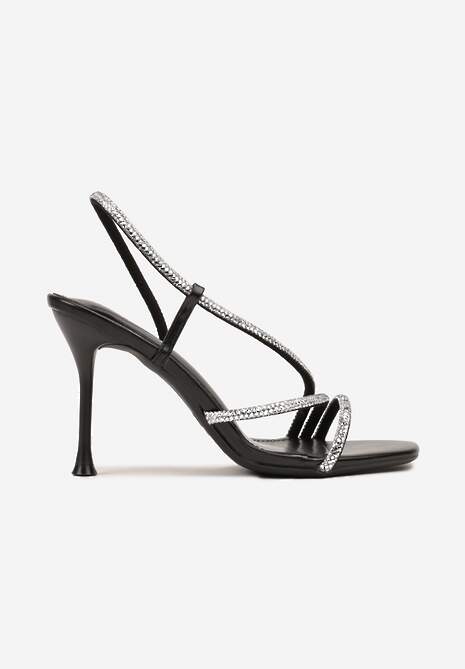 Czarne Sandały Vices na Szpilce Ozdobione Paskami z Cyrkoniami Tilarea