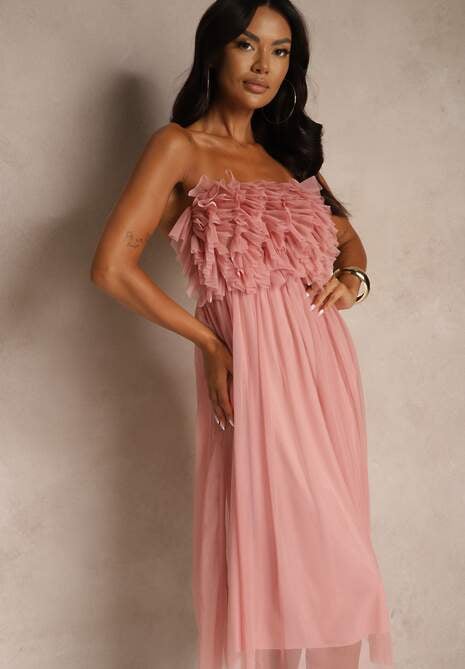 Ciemnoróżowa Tiulowa Sukienka bez Ramiączek z Falbankami Tremone