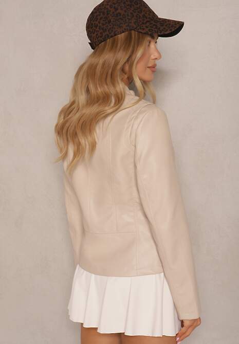 Jasnobeżowa Kurtka Typu Ramoneska ze Stójką o Taliowanym Kroju Zalithara