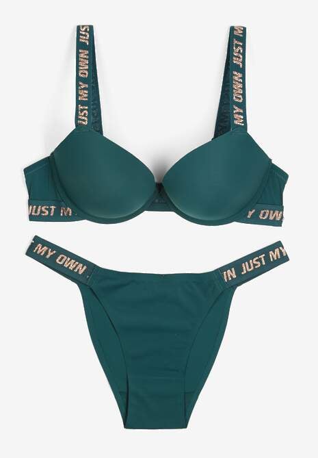 Ciemnozielony Komplet Ozdobiony Napisami z Biustonoszem z Efektem Push-Up i Majtkami Bralicia