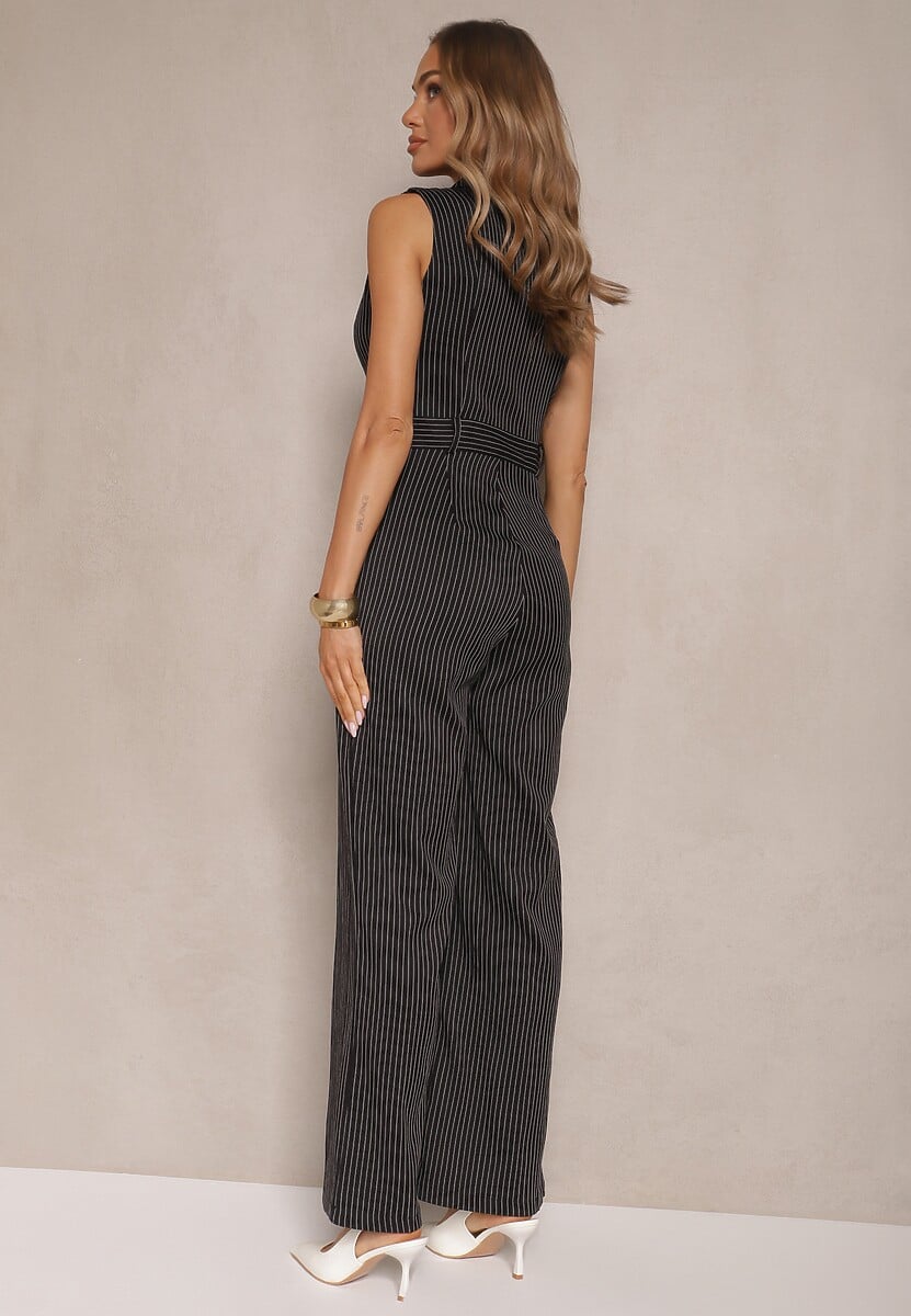 Czarny Elegancki Kombinezon Garniturowy w Delikatne Prążki Sarilva