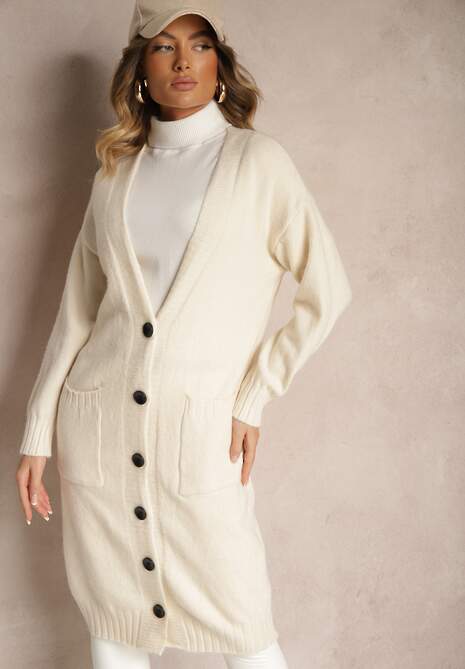 Jasnobeżowy Długi Rozpinany Kardigan z Wełną i Bawełną Vamiya