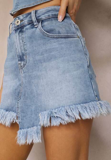 Niebieskie Spódnico-Szorty High Waist z Postrzępione na Dole Amicella