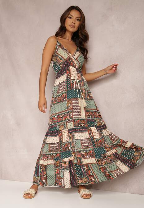 Zielona Wiskozowa Sukienka o Kopertowym Kroju w Print Patchwork Grehan