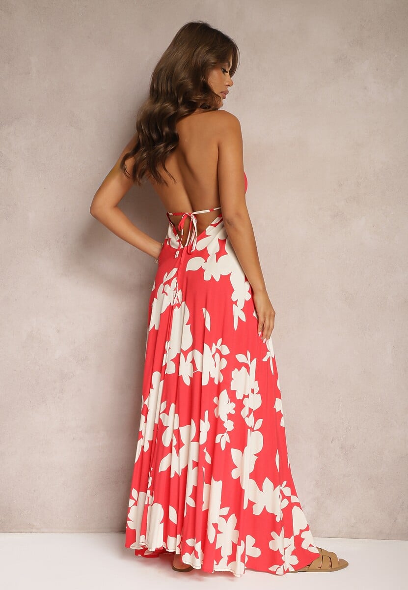 Czerwona Wiskozowa Sukienka na Ramiączkach o Rozkloszowanym Kroju Nansirona