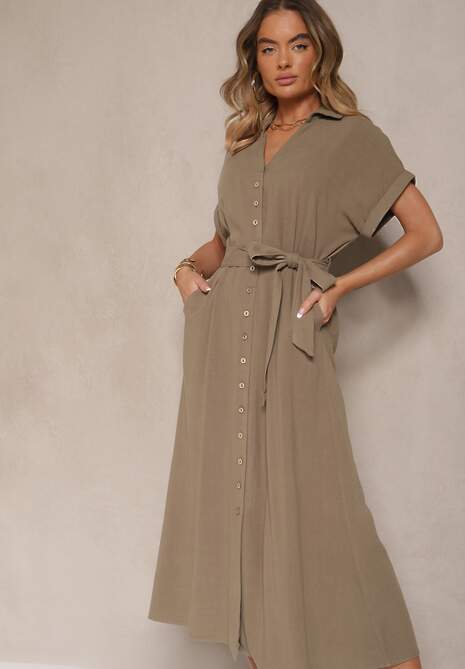 Ciemnozielona Sukienka z Wiskozy i Lnu o Koszulowym Kroju z Paskiem Efralissea