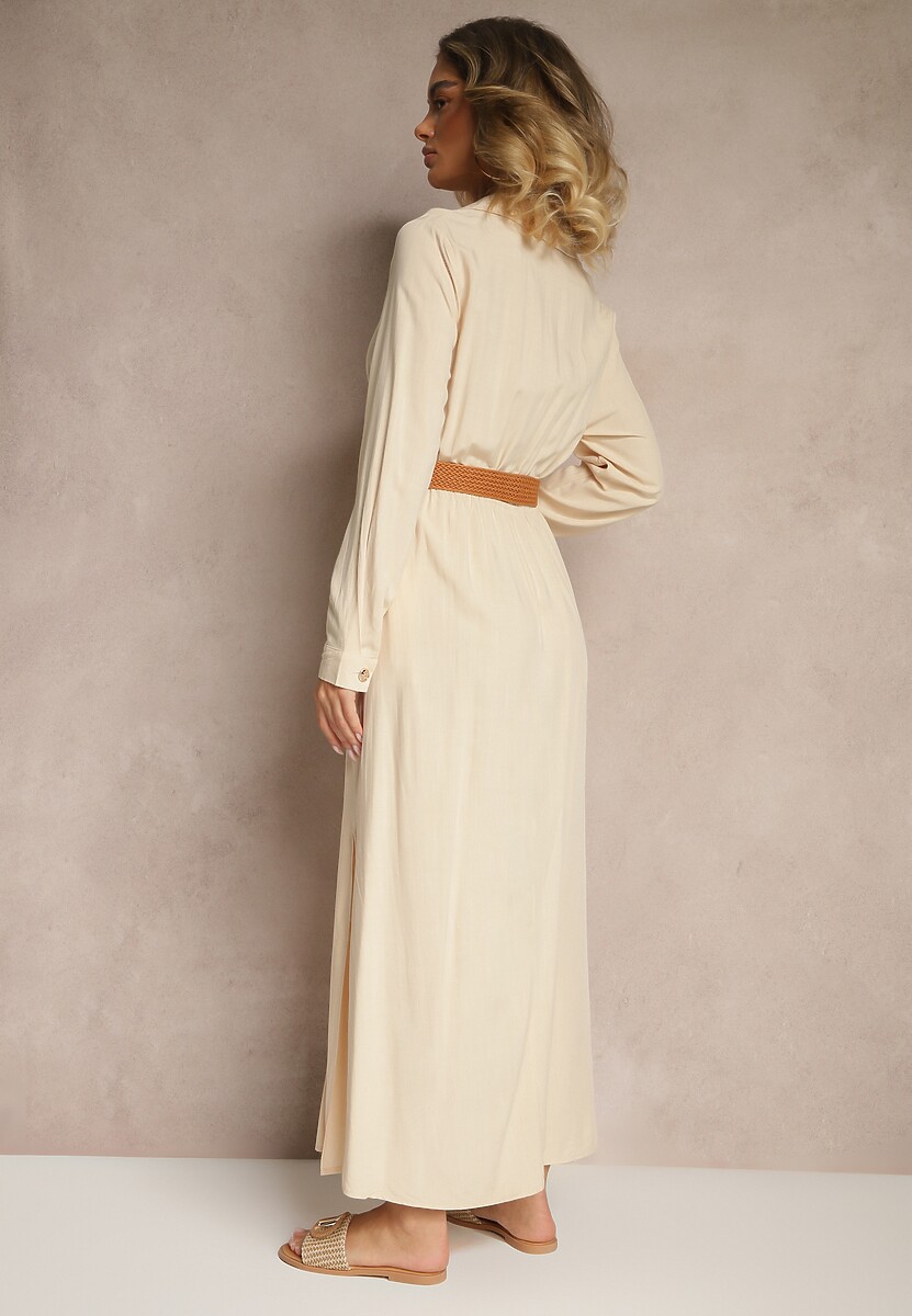 Beżowa Wiskozowa Sukienka o Rozkloszowanym Kroju z Paskiem i Rozcięciem Reirissa