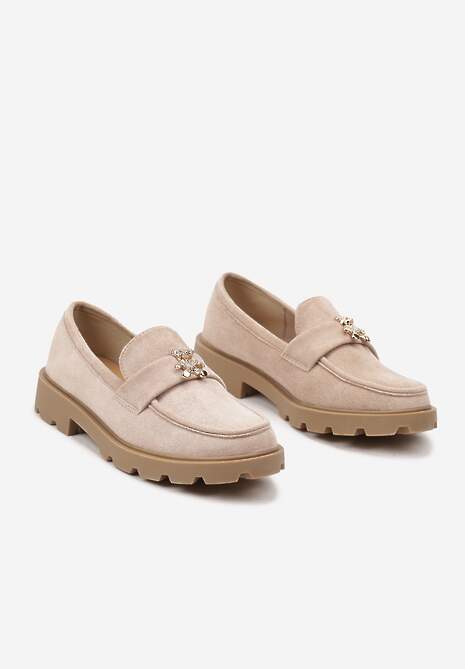 Ciemnobeżowe Mokasyny na Płaskiej Podeszwie Ozdobione Cyrkoniowym Misiem Nevithra