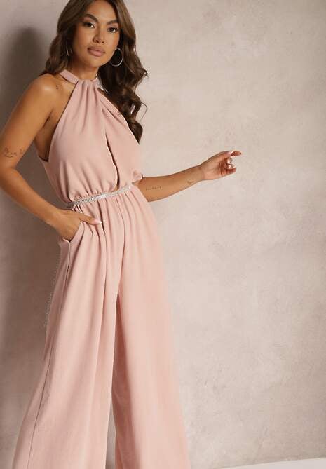 Różowy Taliowany Kombinezon ze Ściągaczem w Talii i Wiązaniem przy Szyi Rivasiris