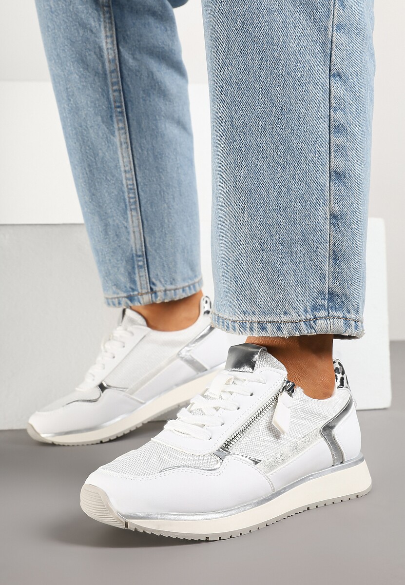 Białe Sneakersy Ozdobione Suwakiem i Metalicznymi Wstawkami Alua