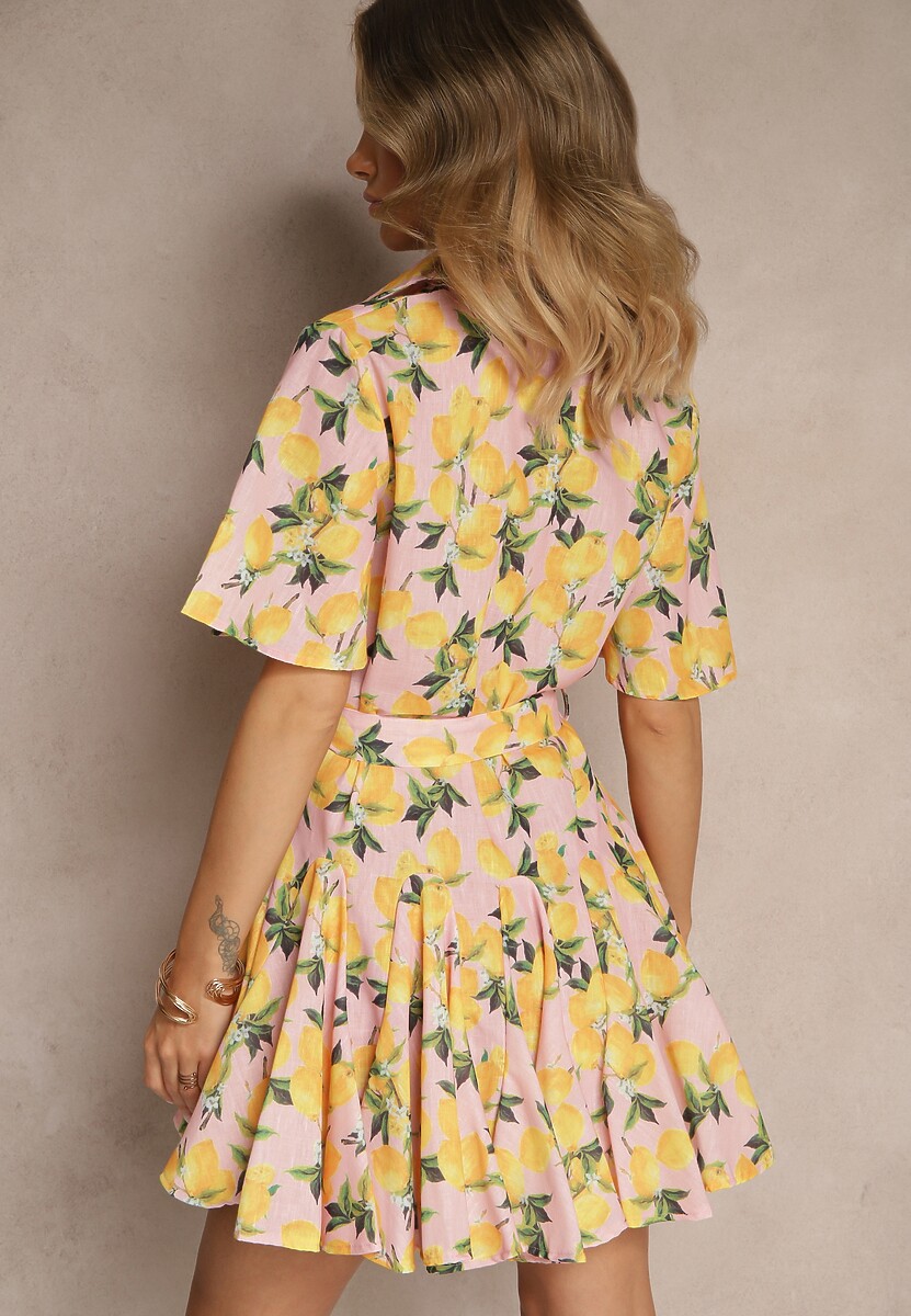 Różowa Rozkloszowana Sukienka Koszulowa z Wiązanym Paskiem i Krótkim Rękawem Lavialane