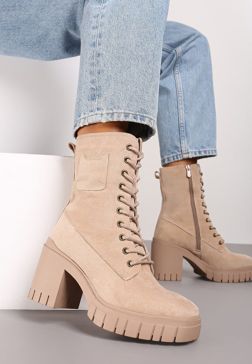 Beżowe Botki na Słupku i Platformie ze Sznurowaniem Ameni