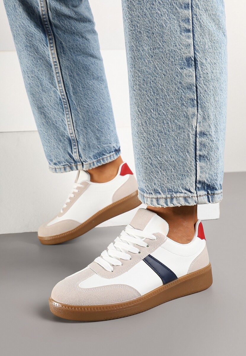 Biało-Granatowe Sneakersy Tenisówki z Geometrycznym Wzorem Hanivra