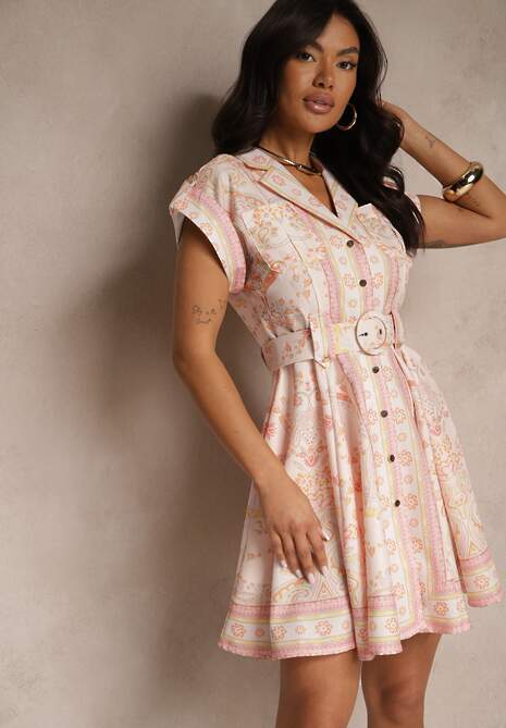 Różowa Koszulowa Sukienka z Wiskozy z Paskiem z Klamrą Nitalana