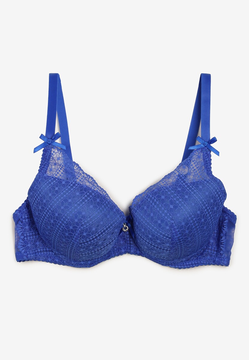 Granatowy  Biustonosz Push Up Ozdobiony Koronką i Cyrkoniami Verikellia