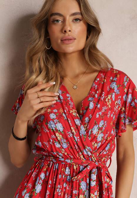 Czerwona Wiskozowa Sukienka Midi w Kwiaty z Gumką w Pasie i Materiałowym Paskiem Aidenia