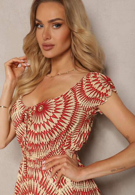 Beżowo-Czerwona Rozkloszowana Sukienka z Wiskozy z Gumką w Pasie i Wiązaniem przy Dekolcie Xicia