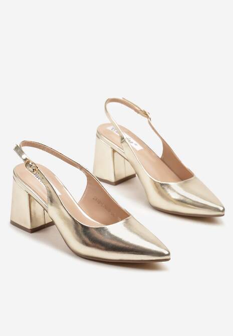 Złote Sandały Slingback na Słupkowym Obcasie Tenella