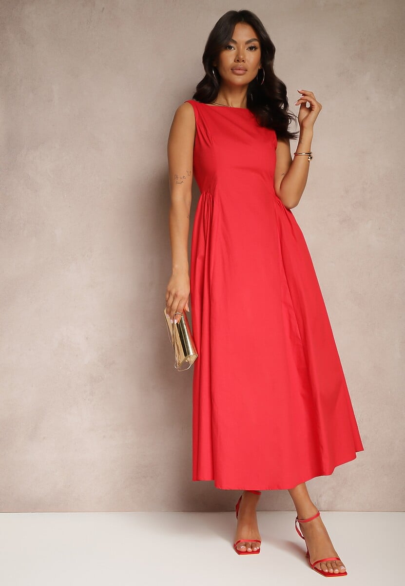 Czarna Rozkloszowana Sukienka Koktajlowa z Bawełny z Dekoltem Łódką i Kieszeniami Fanilra