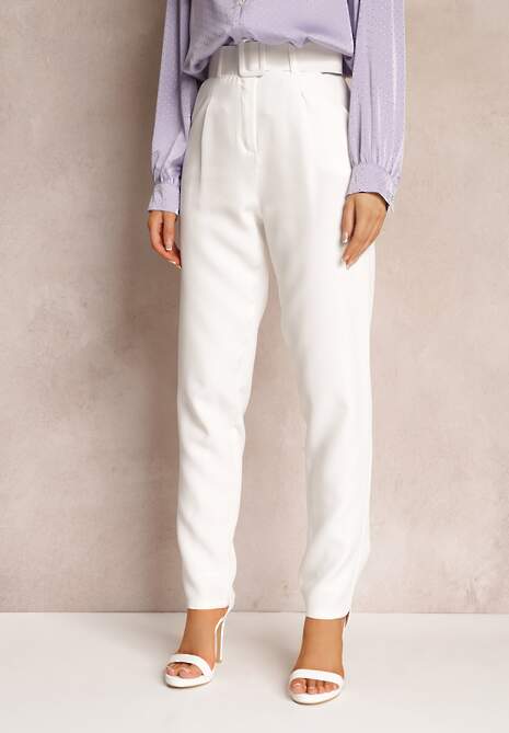 Białe Spodnie Garniturowe High Waist z Paskiem Wenus