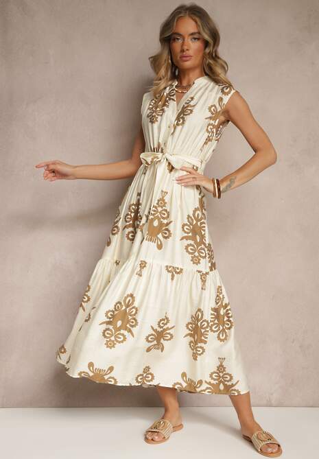 Jasnobeżowa Wiskozowa Sukienka o Rozkloszowanym Kroju z Wiązanym Paskiem Mirasela