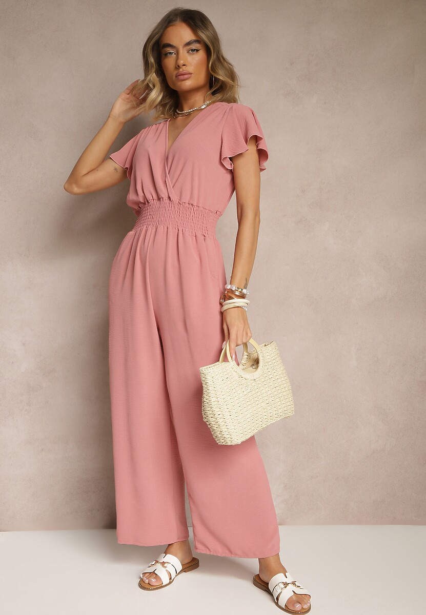 Różowy Kombinezon o Kopertowym Kroju z Gumką w Talii Martalia