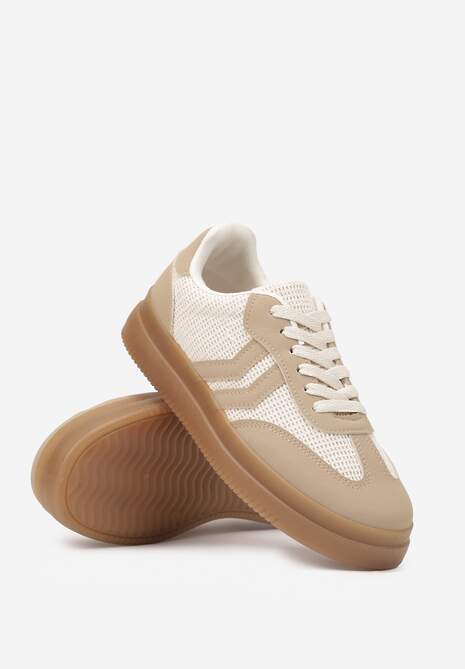 Ciemnobeżowe Sneakersy Ozdobione Paskami Sadleane