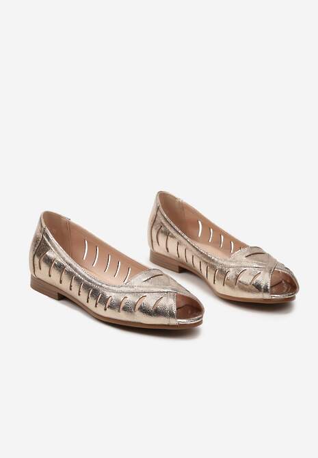 Złote Ażurowe Balerinki Peep Toe z Wkładką ze Skóry Naturalnej Darifna