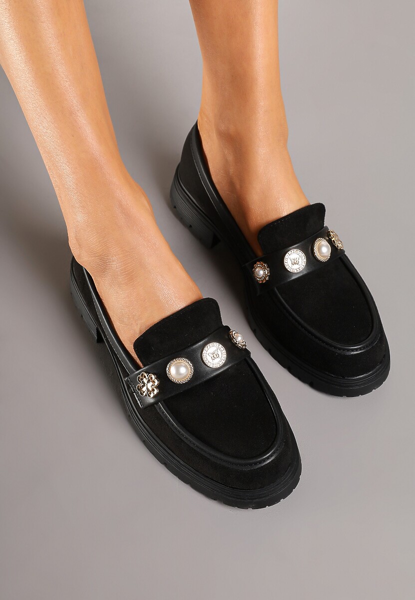 Czarne Mokasyny z Perełkami i Ozdobami Eladeo