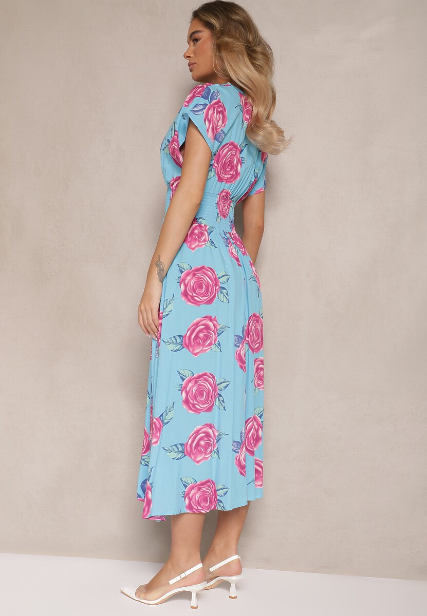 Niebieska Kwiatowa Sukienka z Bawełną i Kopertowym Dekoltem Tdivaria