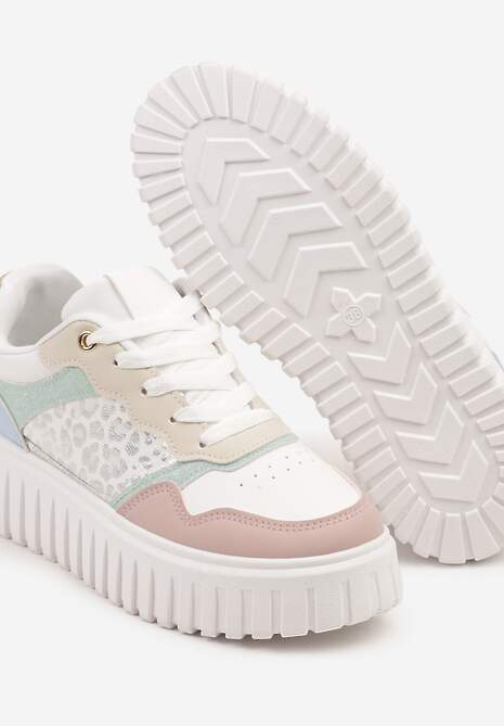 Biało-Różowe Sneakersy na Platformie z Tłoczeniem Ozdobione Panterką i Perforacją Udivaya