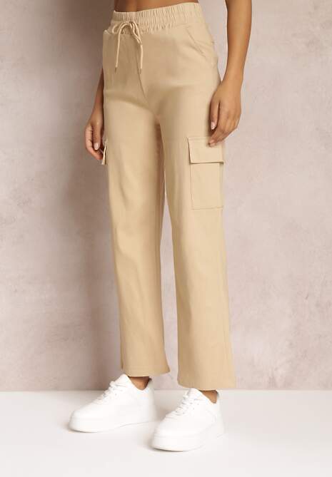 Beżowe Spodnie Cargo z Gumką w Talii i Szerokimi Kieszeniami z Klapami Aiglentina