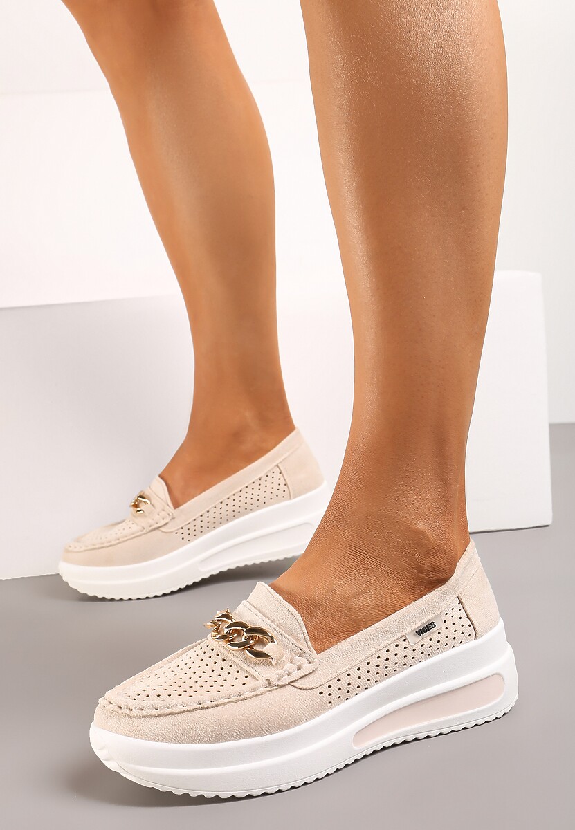 Beżowe Mokasyny na Platformie z Łańcuszkiem Himenna