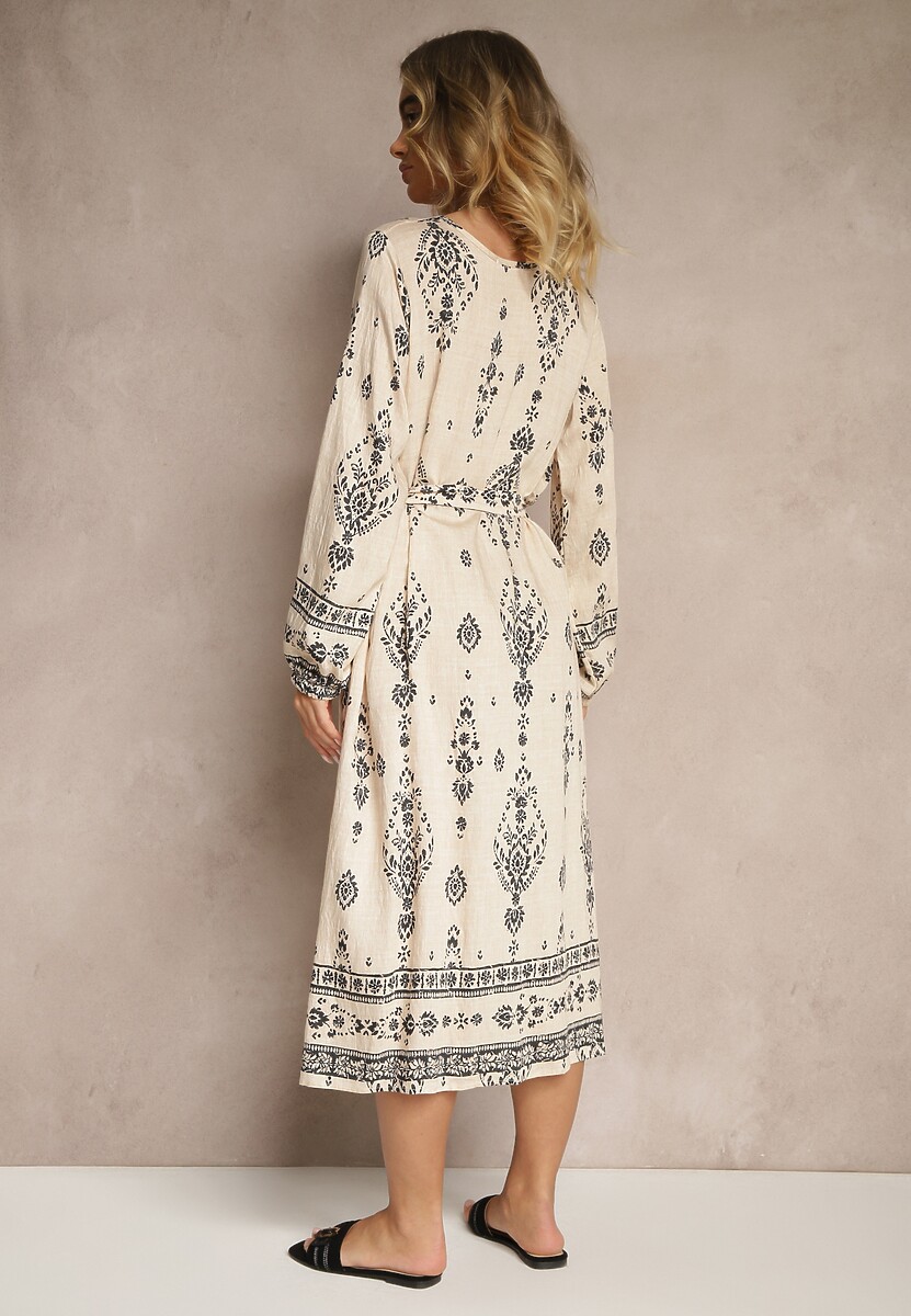 Jasnobeżowa Pudełkowa Sukienka Boho w Etniczne Wzory z Paskiem Lisalenea
