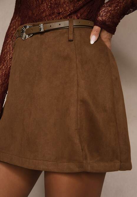Brązowe Spódnico-Szorty High Waist z Ozdobnym Paskiem Korelea