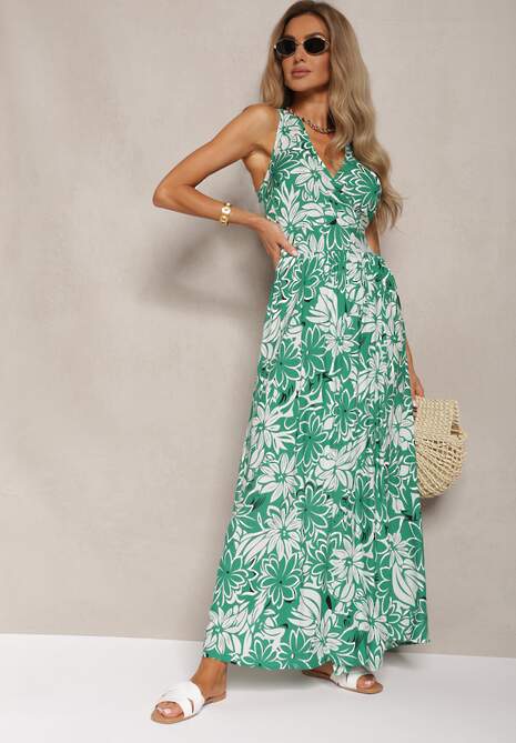 Zielona Kopertowa Sukienka z Wiskozy z Wiązaniem i Gumką w Pasie Vikissima