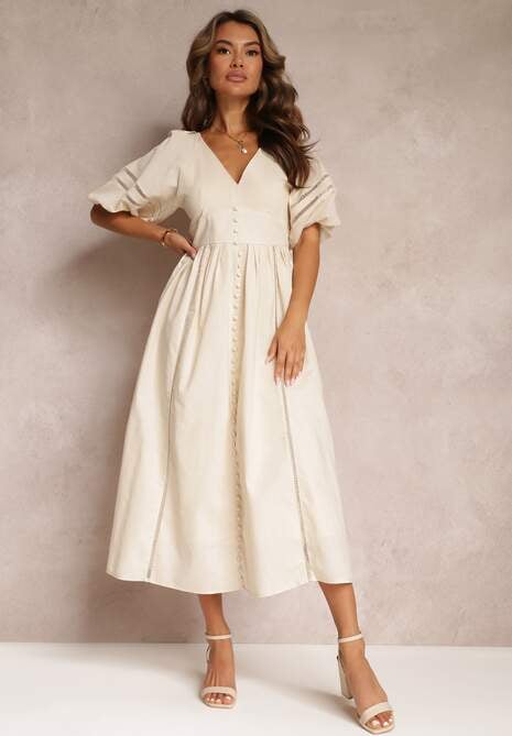 Beżowa Rozkloszowana Sukienka Maxi z Ażurowymi Wstawkami z Lnem i Bawełną Camya