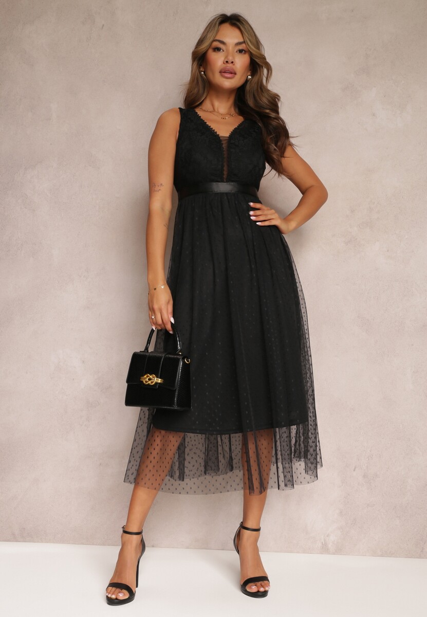 Czarna Tiulowa Sukienka Rozkloszowana z Koronką Phyvana