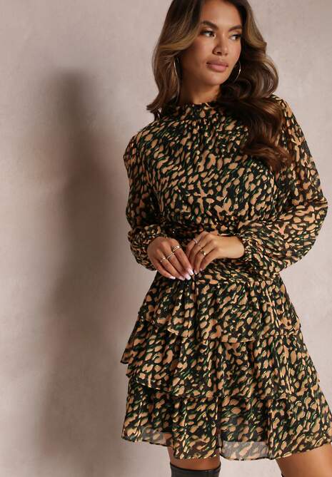 Beżowo-Zielona Mini Sukienka o Rozkloszowanym Fasonie Ozdobiona Brokatem Giannes