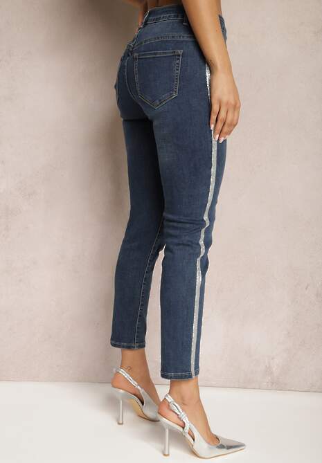 Granatowe Jeansy o Fasonie Skinny z Lampasami z Brokatu Qistella